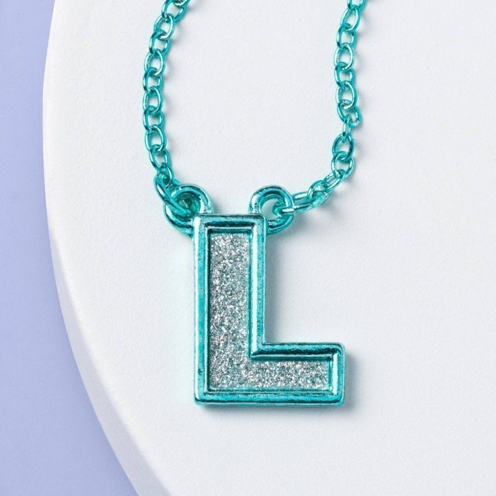 Lovely & Lively Womens Teal Glitter Fashion Necklace L Letter Locket OS